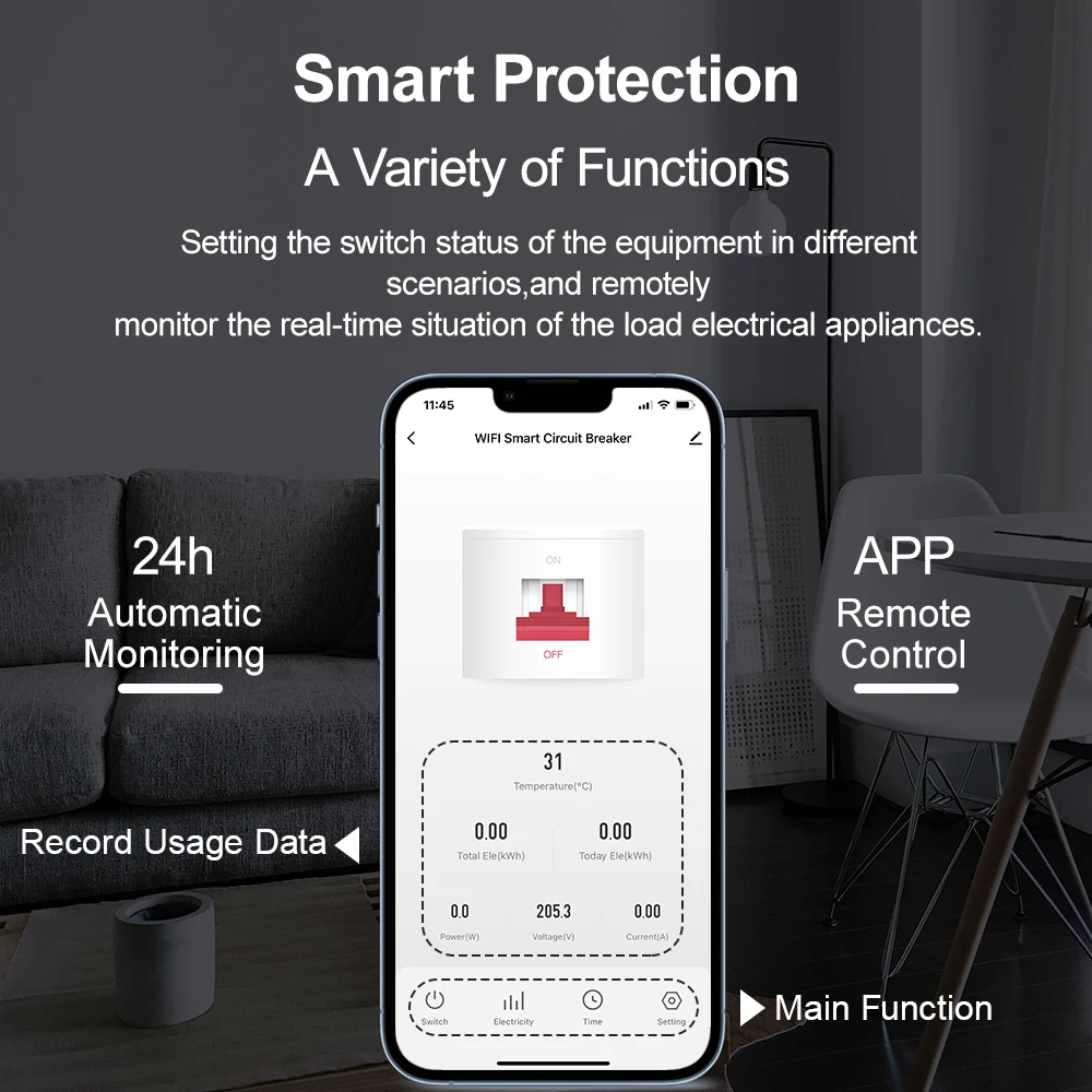 1-80A Adjustable 230V TUYA WIFI MCB Smart Circuit Breaker Energy Meter kWh Over Current Under Voltage Short Circuit Protection