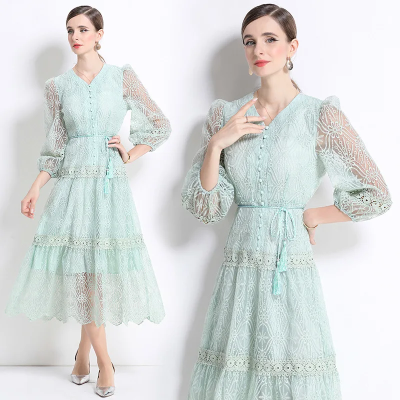 우아한 레이스 브이넥 랜턴 소매 드레스 여성용 단추 슬림핏 미디 드레스 여름 두꺼운 바람막이 스타일 중국산