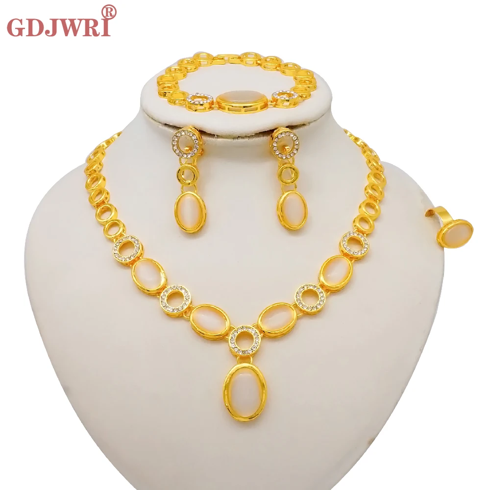 Luxus Dubai Gold Farbe Doppels chicht Halskette Schmuck Sets für Frauen afrikanischen Wasser tropfen Kristalls chmuck indischen Set Geschenke – Detail 30