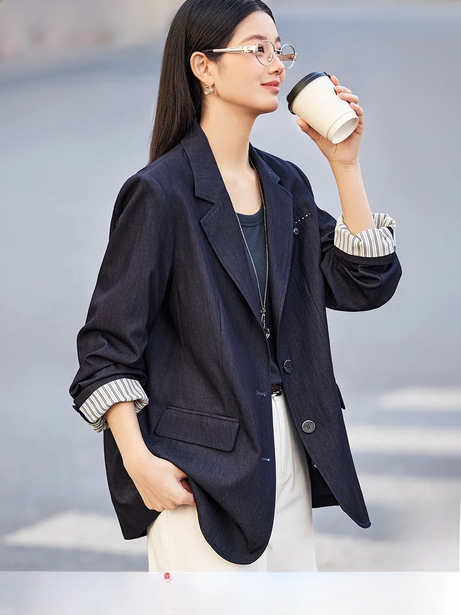 

Mehema Light Wrinkle Texture Denim Sle Commute Suit Jaet Women's Long Sve Faionable Spring New Arrival