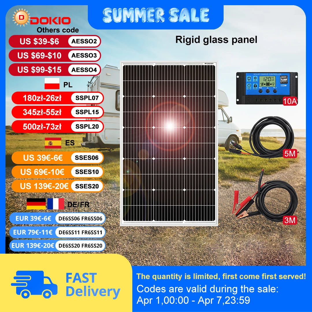 DOKIO 18V 100W panneaux solaires/Kit monocristallin 100W panneau de cellules étanche photovoltaïque 100 watts pour RV/maison/batterie 12V