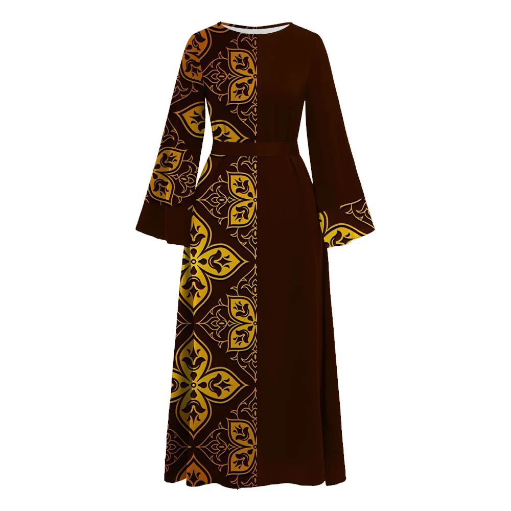 Hot Muslim Femme Print Abaya Islamic Dress Long Flare sleeve O Neck Abaya Turkey Dubai Women Clothing Marocain Kaftan With Belt