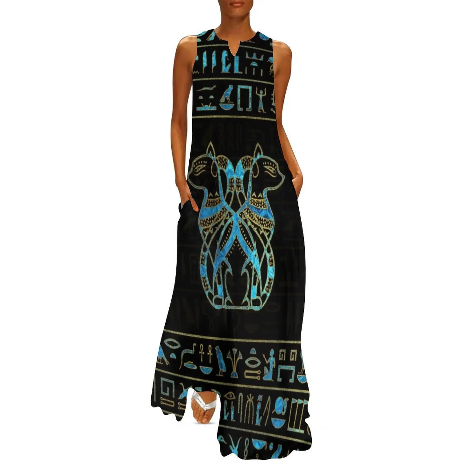 Egyptian Cats Gold and blue stained glass Long Dress Dance dresses summer clothes Dress