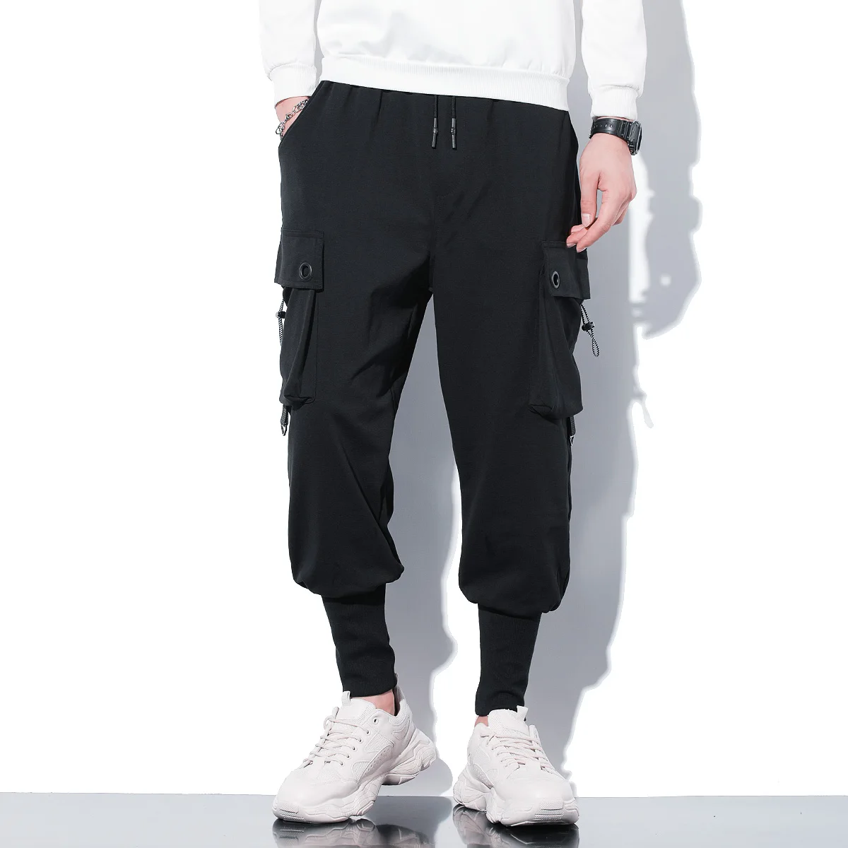 

Men's Casual Elastic Workwear Pants Loose Fit Summer Trendy Small Footed Cuffed Harem Pants Youthful Energy Long Trousers