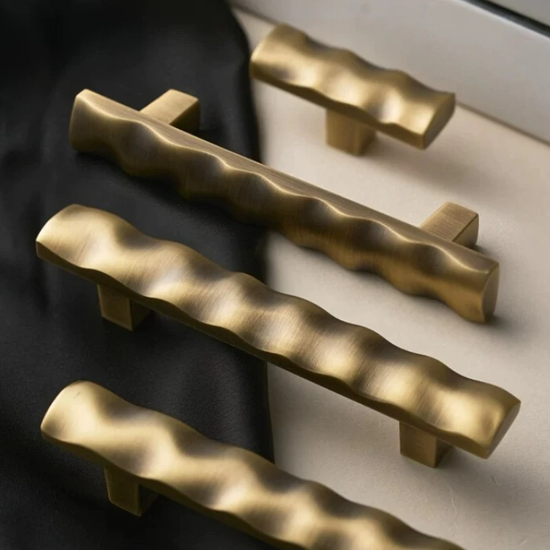 Wave Shaped Brushed Gold Pure Brass Handle Hardware Furniture Knob Kitchen Wine Cabinet Wardrobe Door Handles Bronze Drawer Pull