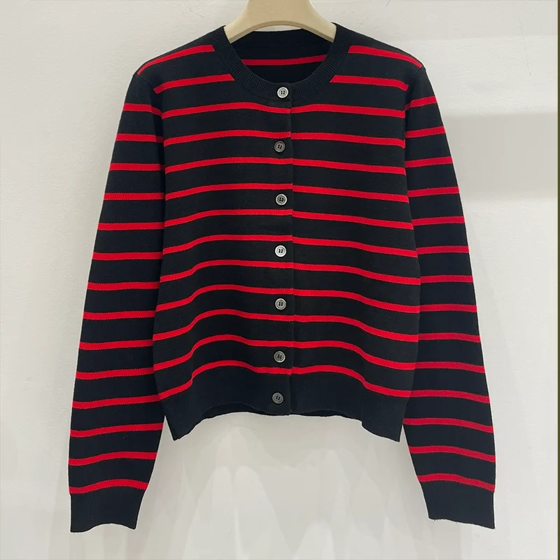 

High quality Women's Horizontal Stripe Knit Cardigan British style O-Neck Single-Breasted Sweater Top luxury 1010079