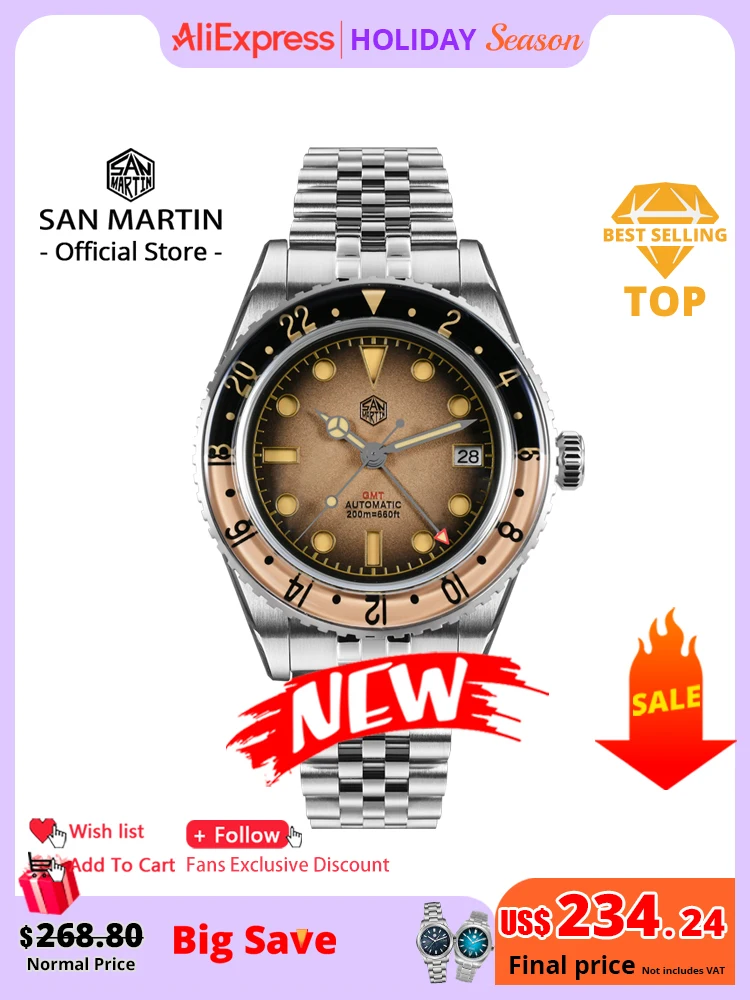

San Martin 2025 Мужские часы Ретро NH34 GMT Сэндвич-циферблат 40 мм Двунаправленный сапфировый безель Роскошные спортивные часы 20 бар SN0134