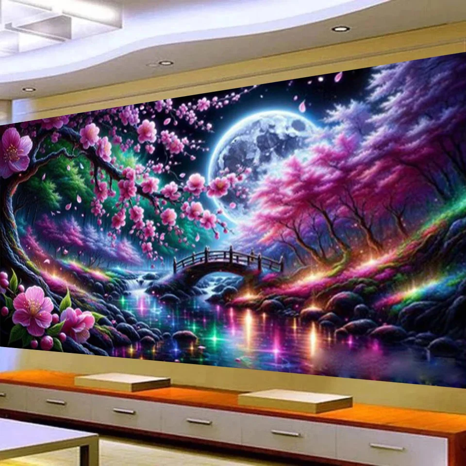 Büyük 5D Elmas Boyama Pembe Kiraz Çiçeği Şelale Köprü Ay Manzara Tam Elmas Taklidi Mozaik Elmas Nakış