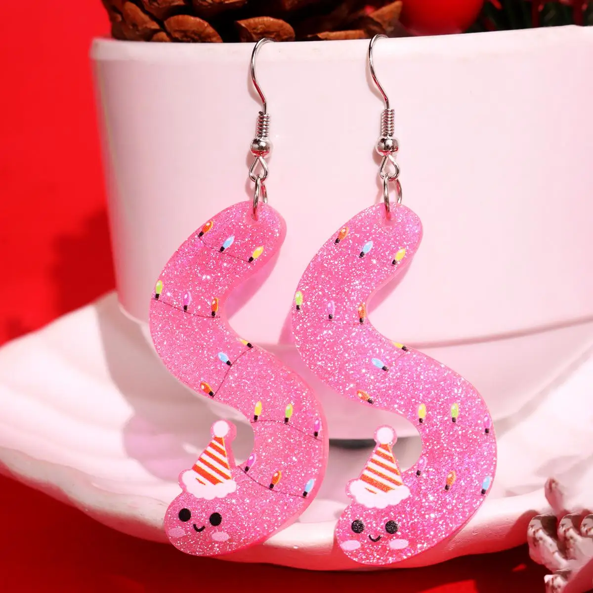 Christmas Pink Glitter S Shaped Cute Smiley Face Earrings for Women Acrylic Resin Long Earrings Women's Jewelry Holiday