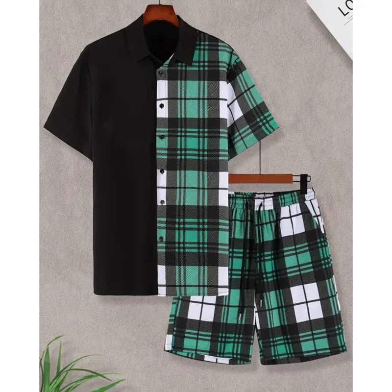 

New Summer Short Sleeve Shirt Shorts Stylish 3D Plaid Printed T-Shirt Comfortable Breathable Men's Plus Size Beach Tracksuit