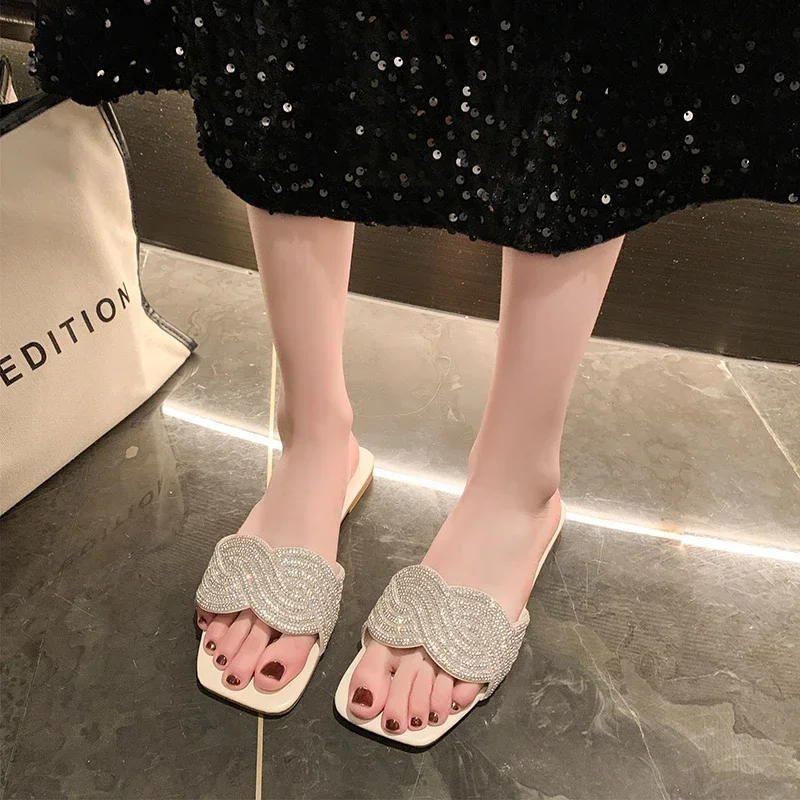 2024 Ladies Summer Fashion Rhinestone Flat Non-slip Women's Slippers Casual Solid Color Beach Vacation Women's Slippers Zapatos