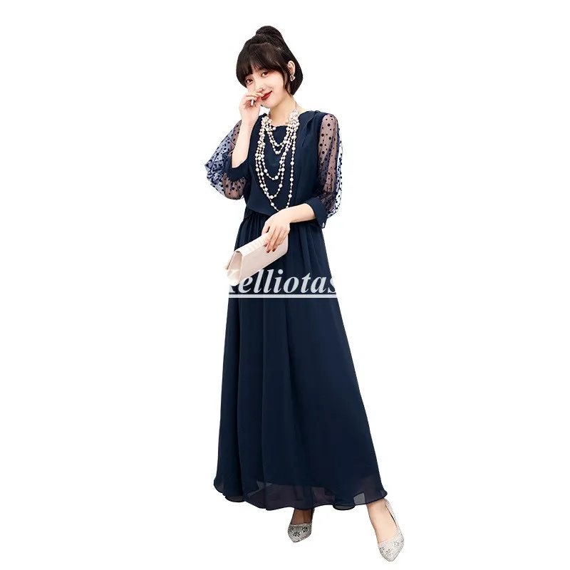 Navy Blue Bridesmaid Dresses Summer Chiffon Party Women Dress With Half Sleeves Long Evening Dress