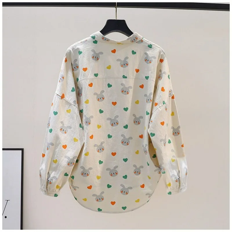 Women Trendy Vintage Funny Cartoon Print Oversize Shirts Ruffled Casual Streetwear Long Sleeve Blouses Y2K Pocket Irregular Tops