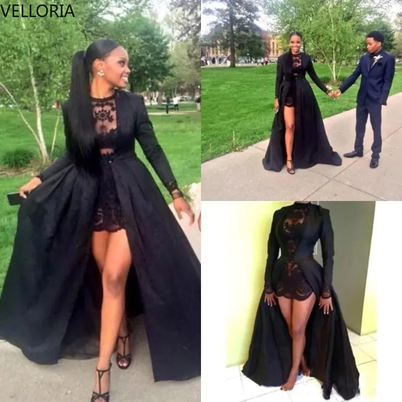 

Hot Black Prom Dresses Two Pieces Jewel Neck Lace Short Dress With Detached Long Sleeve Taffeta Jacket Evening Dresse Customized