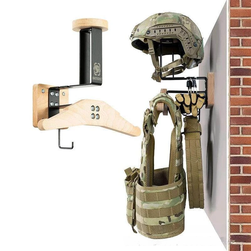 Wall-mounted Helmet Storage Rack with Fabric Hook and Wooden Helmet Holder