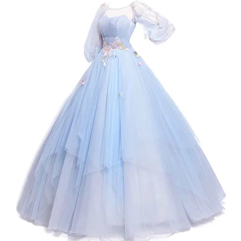 Vestidos Quinceanera azul claro, Mangas lanterna, Vestido inchado para o baile, Flor doce, Banquete de fadas, Sukienka Balowa, 2023, Ilusão, Novo