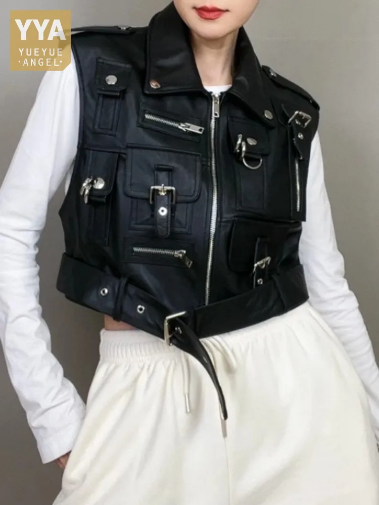 Punk Style Women Genuine Leather Motorcycle Vest High Street Zipper Casual Black Cargo Short Sleeveless Coat Slim Fit Waistcoat