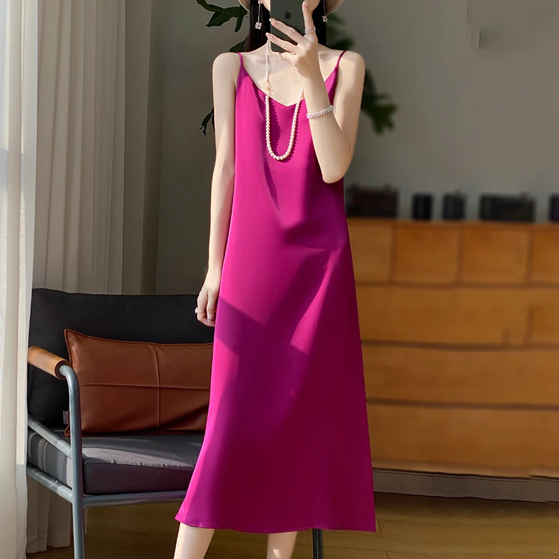 Women's dress summer silk suspender A-line skirt satin and calf long skirt evening dress simple/elegant party V-neck prom dress