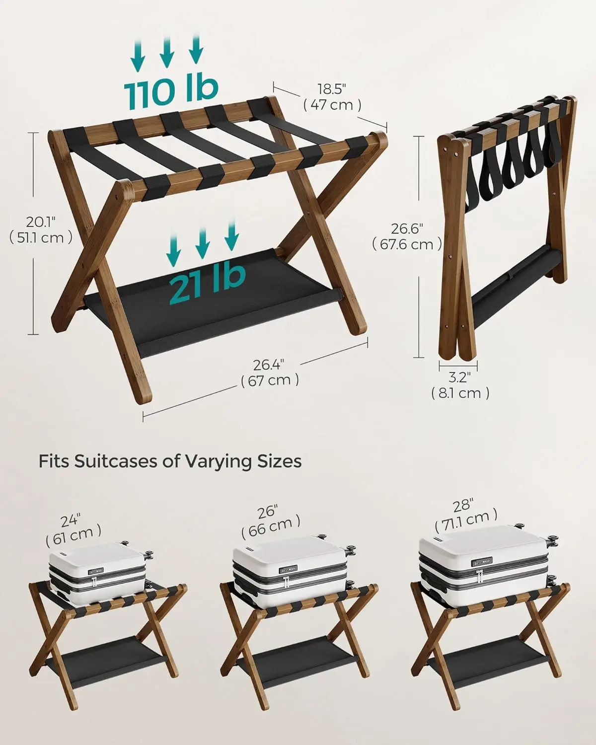 Lot de 2 supports de valise pliants avec étagère de rangement, pour chambre d'amis, hôtel, chambre à coucher, rap-Duty, peut contenir jusqu'à 131 lb, Brochure Brow