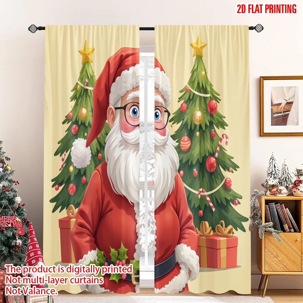 

2pcs 2D flat printing Christmas Curtain Santa Claus Christmas Festive Holiday Season Fabric Without Electricity Spring for Photo