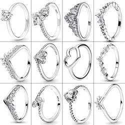 925 Silver Ring Sparkling Wishbone Heart Ring Princess Wishbone Finger Ring For Women Wedding Gift Pandor Ring Jewelry DIY