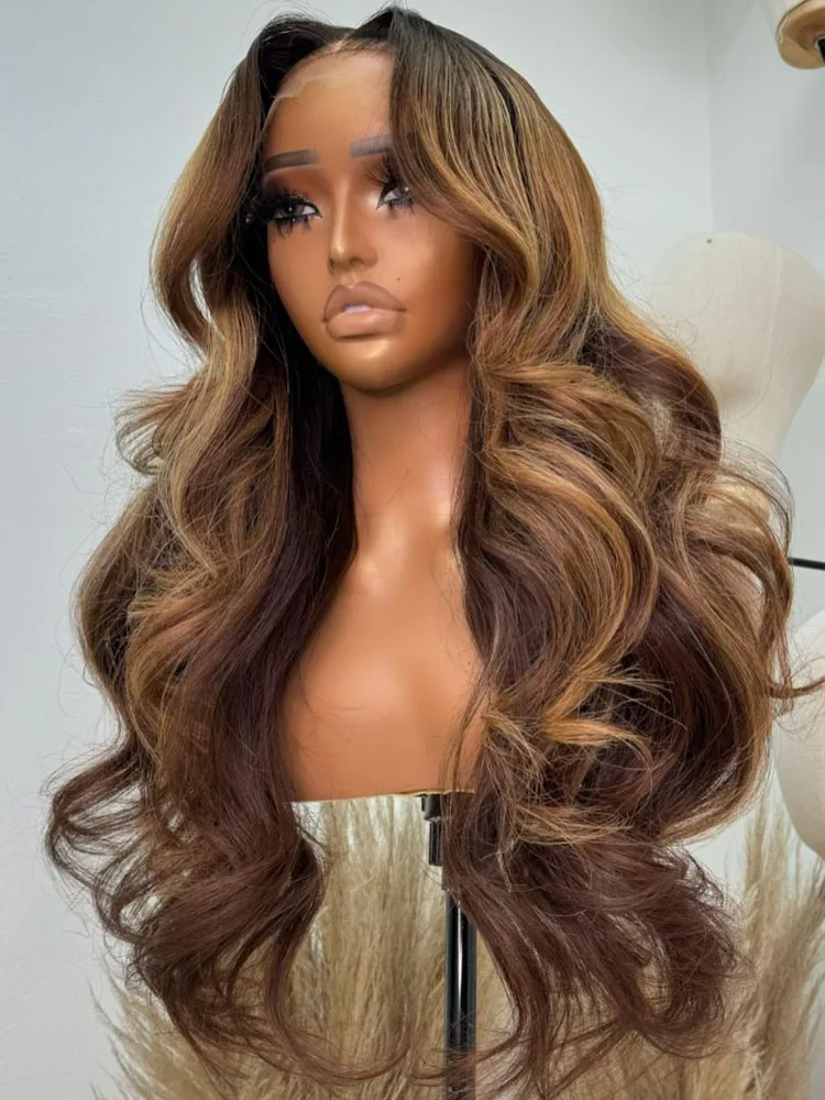 Highlight Ombre 13x4 Lace Front Wig Human Hair Pre Plucked Body Wave HD Transparent 4/27 Honey Blonde lace Frontal Wigs 200%