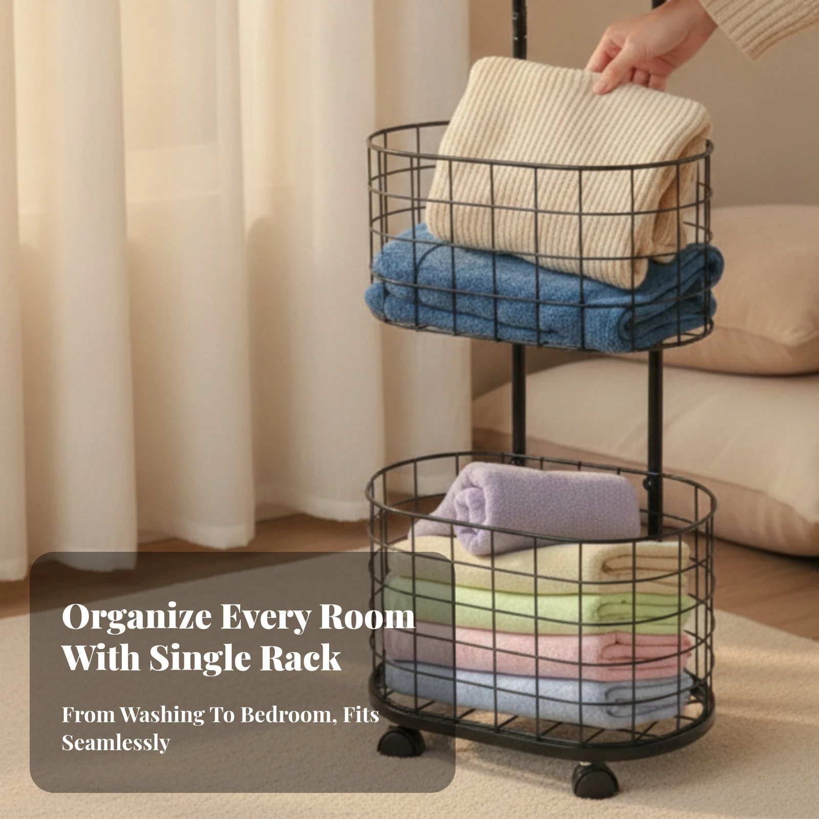Laundry Cart with Handle 3-Tier Wire Basket Cart Multifunctional Sturdy for Bathroom, Kitchen