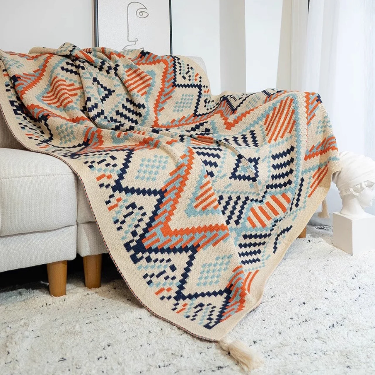 Vintage Chunky Knit Boho Throw Blankets Soft Tassel Cozy Tassel Throw Blanket Fringed Sofa Throw Blankets