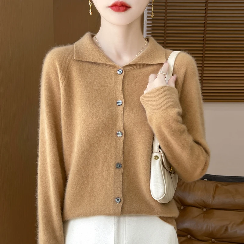 Women\'s cardigan in autumn and winter 100% merino wool sweater long sleeve cashmere Polo neck solid color comfortable top