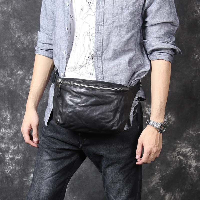 

Fashion high quality genuine leather men's chest bag casual luxury cowhide teens waist packs multifunctional black crossbody bag