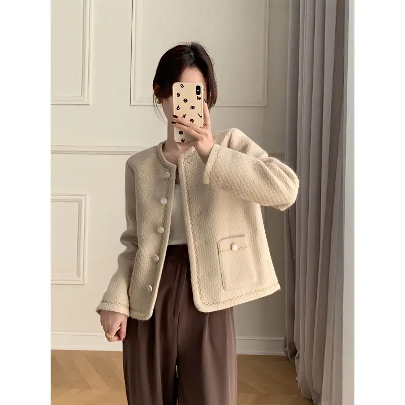 

2024 Women's Spring Autumn New Short Single-breasted Coats Female Solid Color Tweed Overcoats Ladies Long Sleeve Jackets Q167