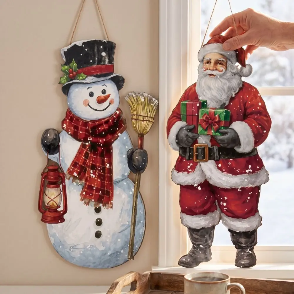 Wooden Door Hanging Sign Santa Claus Ornament Festival Plaque Xmas Decorative Board Wall-mounted Snowman Christmas Decorations