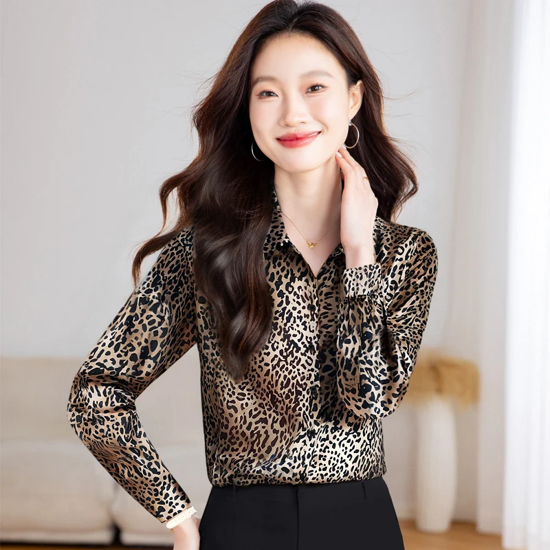 

Fashionable Leopard Print Long Sleeve Chiffon Shirt Spring Summer Elegant Vintage Slim Fit Women's Casual Streetwear Blouses
