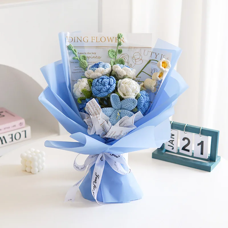 

Blue Birthday Gift Hand-woven Rose Bouquet Finished Knitted Wool Purple Pink Fake Flower Gift For Teachers Elder Students Gradua