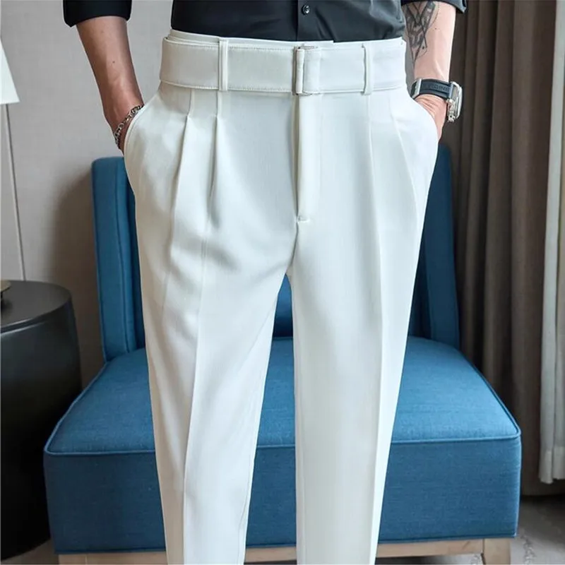 

Naples Men High-Waisted Casual Pants Fashion Belt Decoration Design Slim Fit Trousers Formal Office Social Wedding Suit Pants
