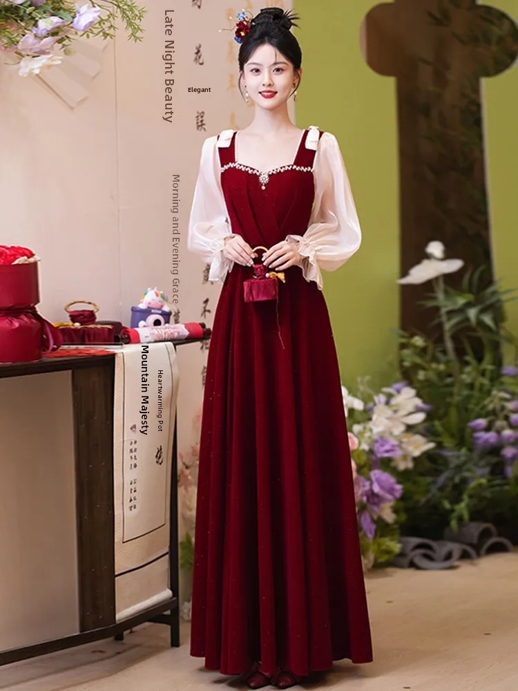 

Элегантное вечернее платье больших размеров для беременных женщин, китайский стиль, стройнящее, с длинным рукавом, в пол, подарок на Новый год