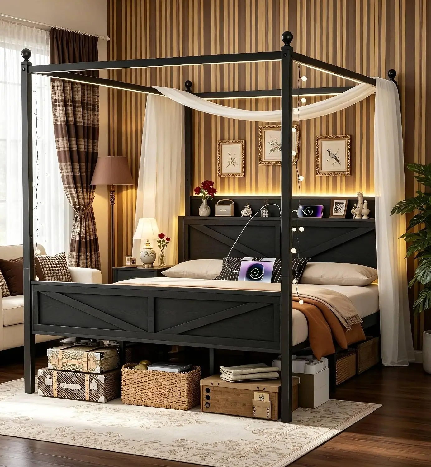 King Canopy Bed Frame Storage Headboard Metal Platform, Customized