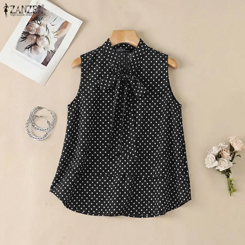 ZANZEA Women Summer Polka Dot Sleeveless Blouses Elegant Bow Tie Neck Layered Detailing Loose A-Line Tops Commute Dates Blusas