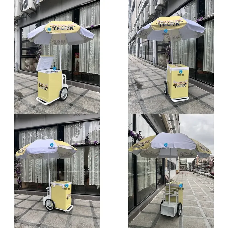 CE Certificate Portable Ice Cream Push Cart With Freezer & Umbrella, Mobile Outdoor Popsicle Vending Trolley Street Selling
