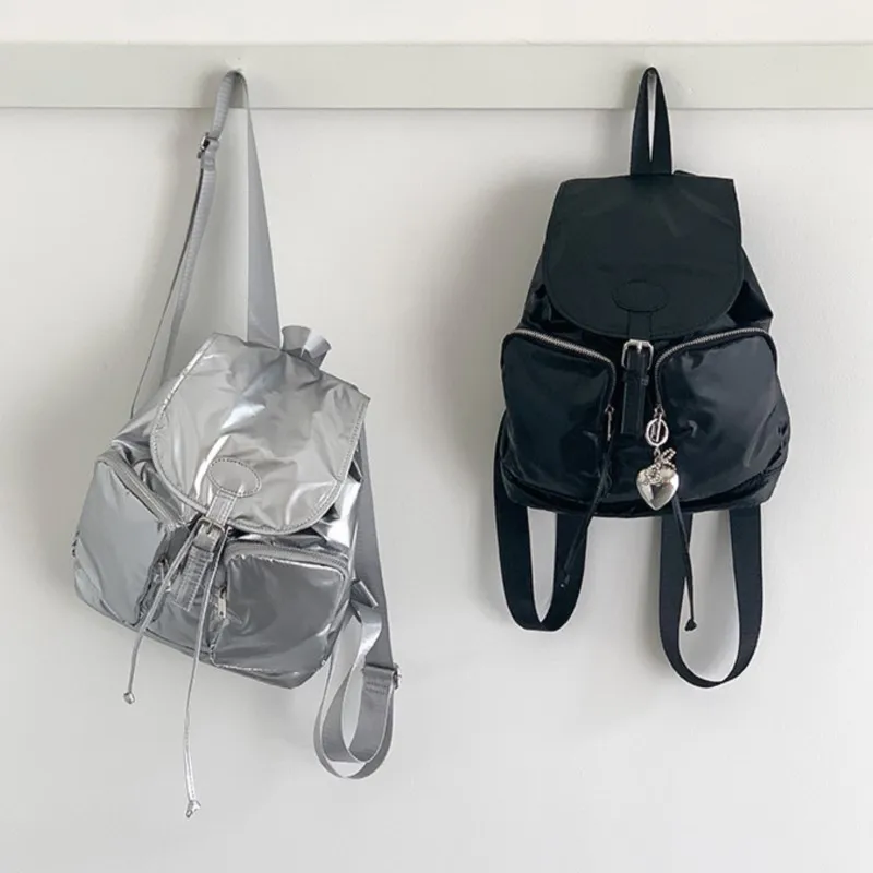 2024 New Casual Silver Backpack Women Korean Flip Drawstring Large Capacity Backpacks Fashion Simple Travel College Student Bags