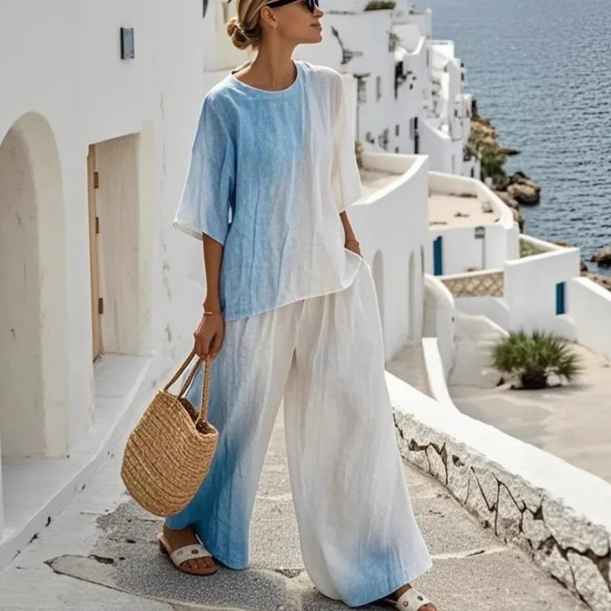

Women's Gradient Color Two-Piece Top Trousers Set Round Neck Half Sleeve Top Wide Leg Trousers Set Women Casual Loose Beach Suit