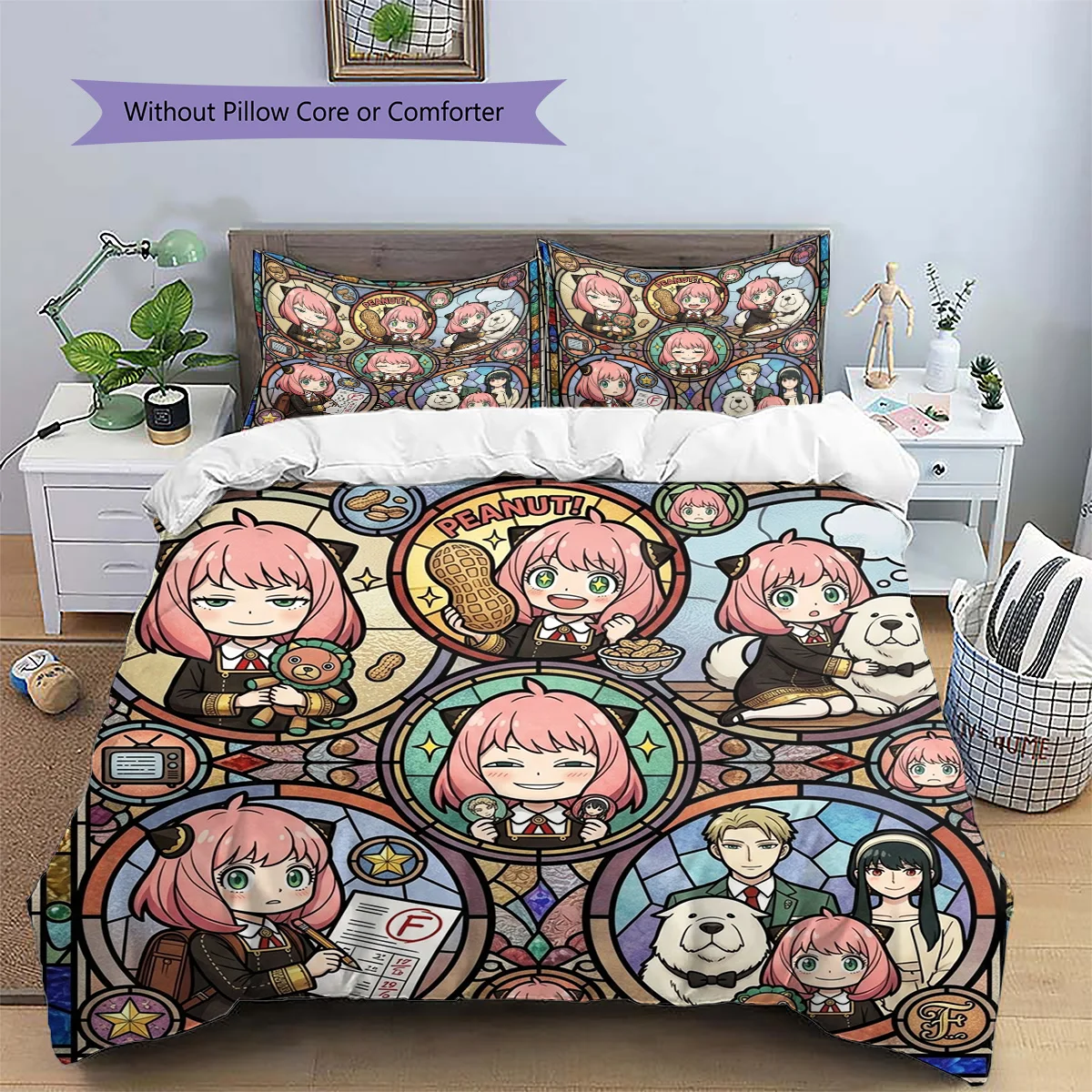 Anya Forger Patterned Pillowcase & Duvet Cover Set Bedroom Decorative Bedding with Anime Theme Gift for Anime Lovers.-TING