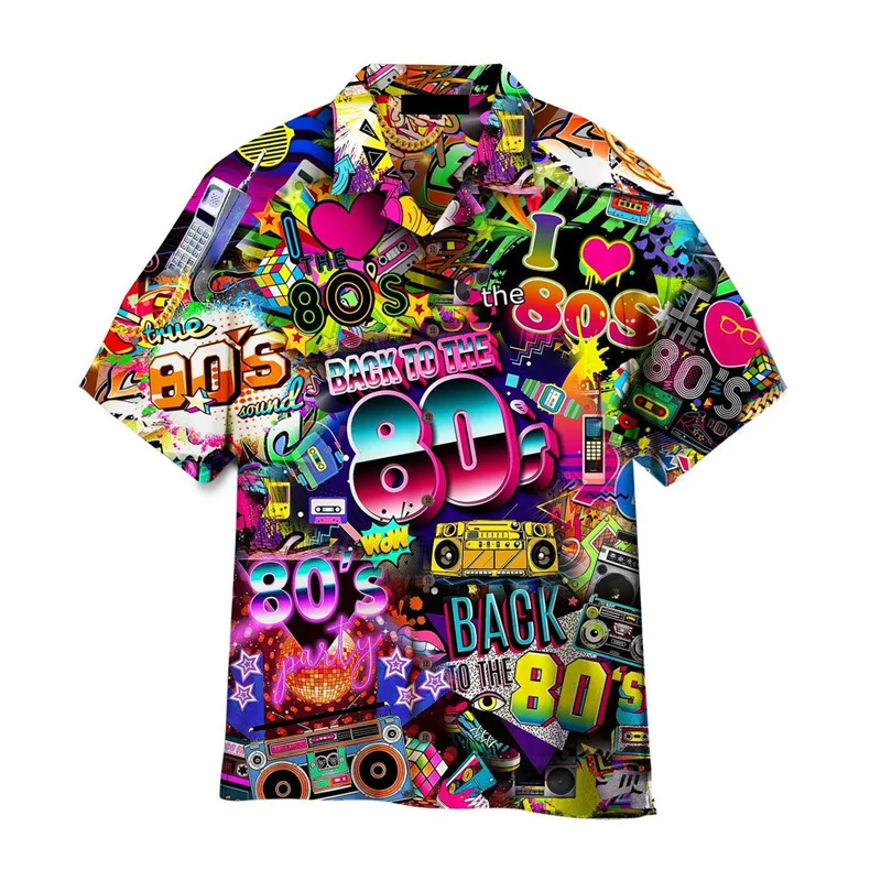 Camisas hawaianas con estampado 3D de música colorida para hombres, blusa fresca con patrones de los años 80, Tops de manga corta para vacaciones de verano, camisas sueltas Aloha