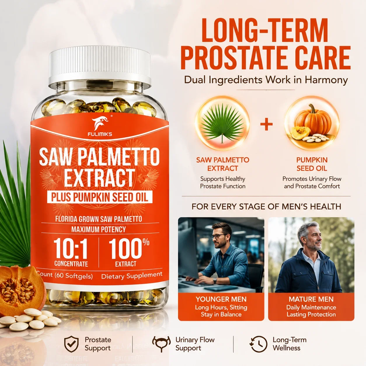 Saw Palmetto Extract Supplement, with Pumpkin Seed Oil, Support Prostate & Bladder Health, Urinary Frequency, Hormonal, Energy