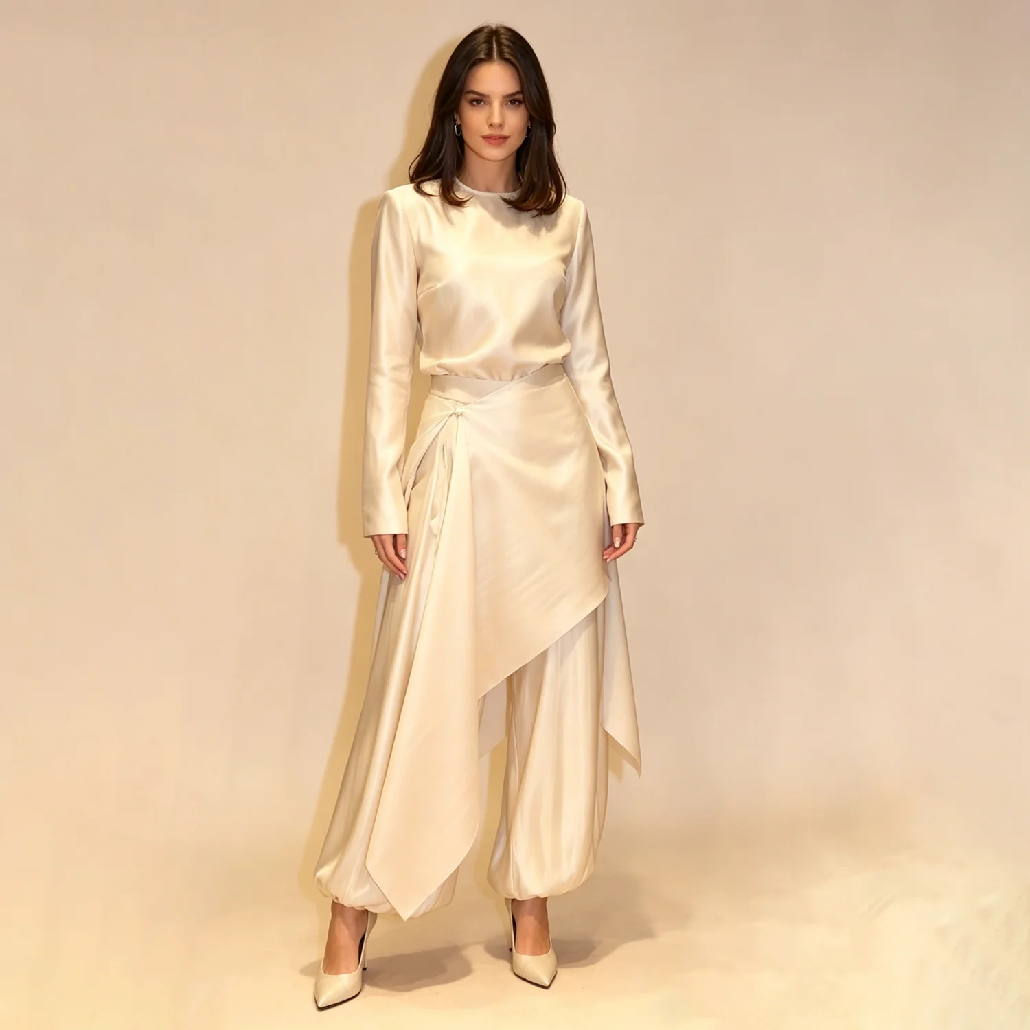 

LIMO Formal Satin Co-Ord Set Long Sleeve Blouse and Balloon Pants with Wrap Detail