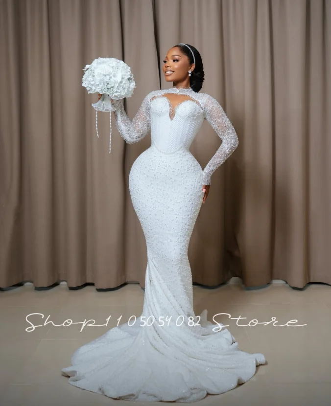 Fishtail Beaded Wedding Gown Luxury South African Bride’s Elegant White Modern Black Girl’s Formal Bridal Dress Customized