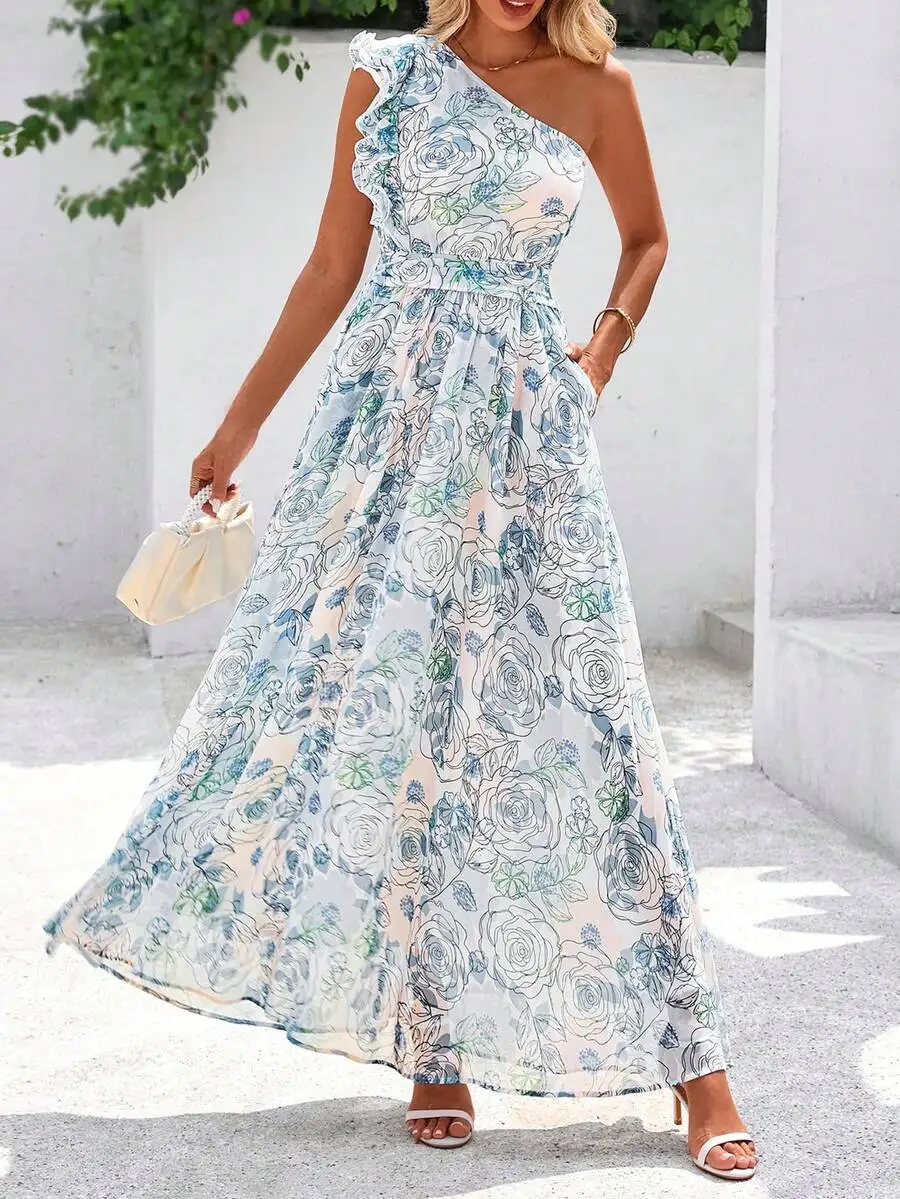 

Women's One-Shoulder Floral Maxi Dress with Ruffle Sleeve and Pocket