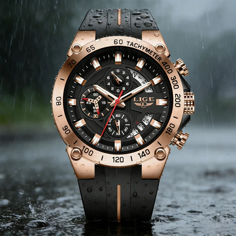 

LIGE Military Sports Mens Watch Waterproof Chronograph Watch for Men Calendar Business Soft Silicone Strap Quartz Watch Man