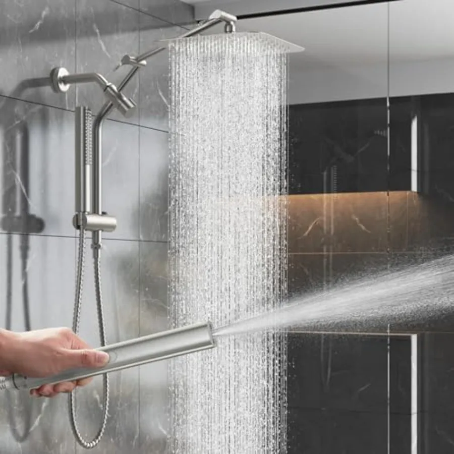

10 Luxurious Brushed Nickel All Metal Rain Shower Head with Handheld Spray Combo High Pressure Rainfall Square Shower Heads wit