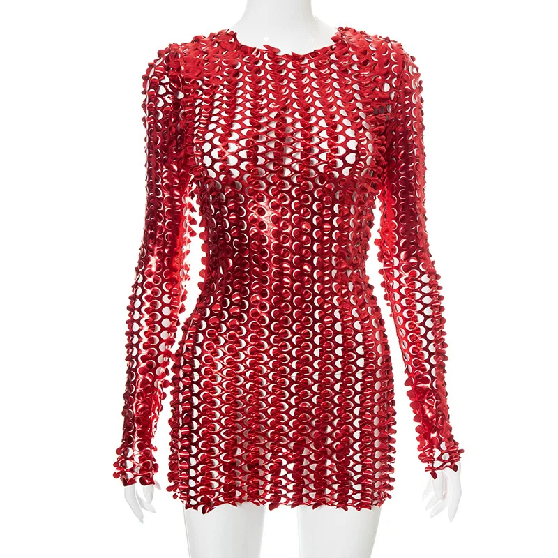 Sexy Hole Bodycon Mini Dress Long Sleeve O Neck Women Party Nightclub Wear Outfits New Fashion Hollow Out See Through Dress